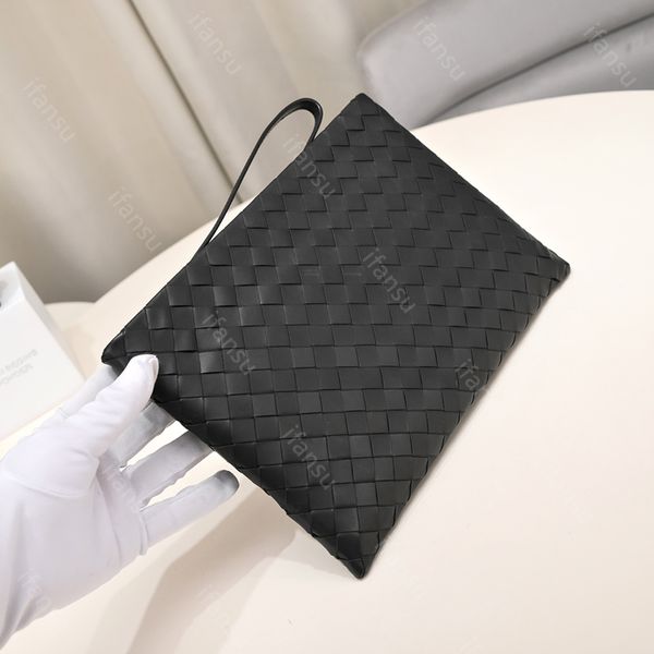 Bolsa de marca de luxo bolsa de embreagem de couro genuíno high-end designer bolsa de negócios moda mão tecido saco de arquivo grande capacidade estilo minimalista viagem preto