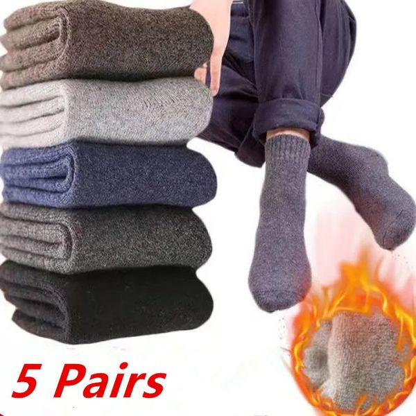 5 pares de inverno quente meias de lã masculina meias femininas super mais grossas sólida lã merino contra o frio neve terry meias térmicas 240109