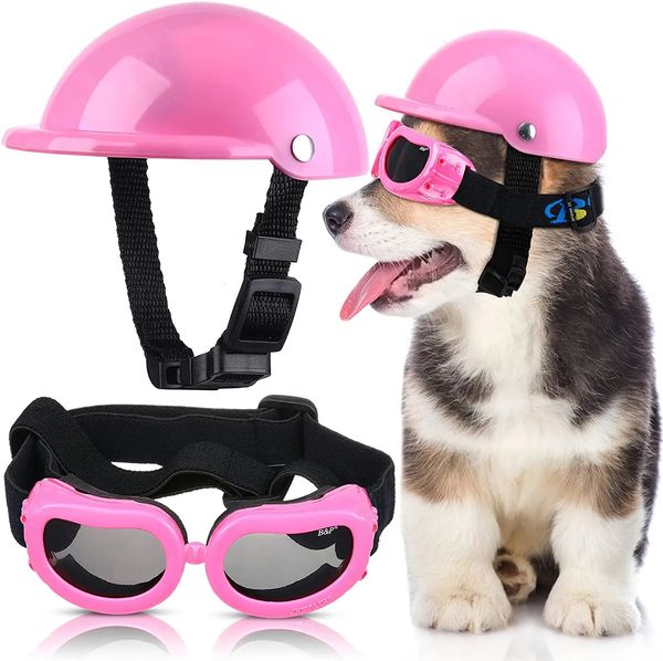 Óculos de sol para cachorro e capacete para animais de estimação, conjunto com óculos para cachorro, poeira, vento, proteção uv, capacete para cachorro e óculos de proteção, chapéu ajustável 240108