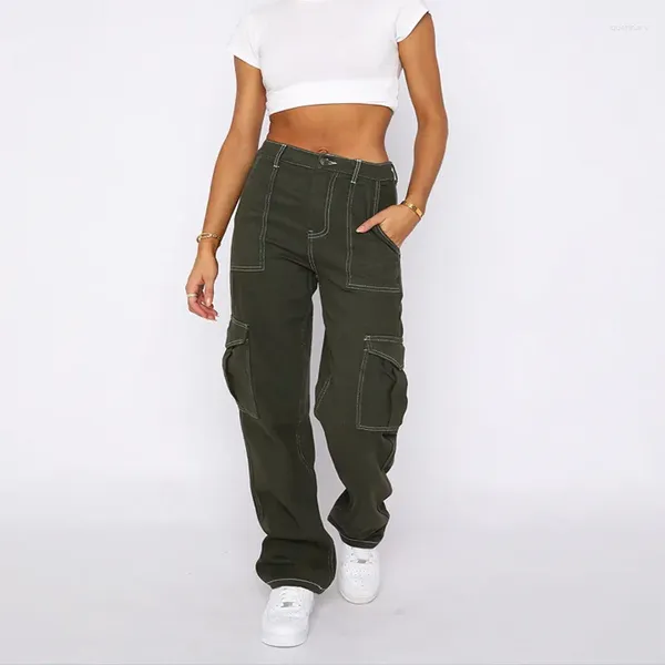 Calças de brim femininas carga mulher 2024 cintura alta calças largas bolsos laterais preto/exército verde safari estilo senhoras streetwear outfits bottoms