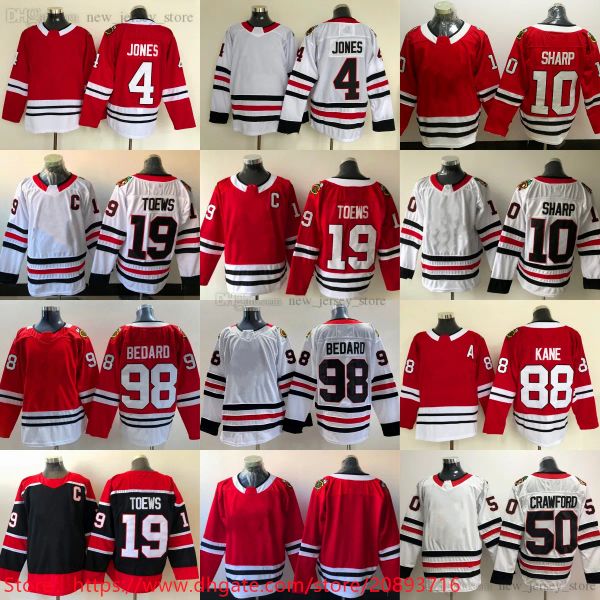 Novo 2024 Homem Hóquei no Gelo Vermelho 98 Connor Bedard Jersey Retro Jonathan Toews 19 Patrick Sharp Seth Jones Jerseys Em Branco Equipe Branco Kane s