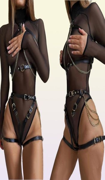 Ligas moda falso couro arnês liga cinto sexy mulheres meia suspender corpo bondage hip gaiola cintura correntes de metal espada8641093