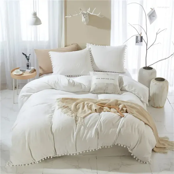 Conjuntos de cama 3 pcs cor sólida estilo americano hairball borla fuzzy franja colcha conjunto macio king size consolador (sem lençóis)