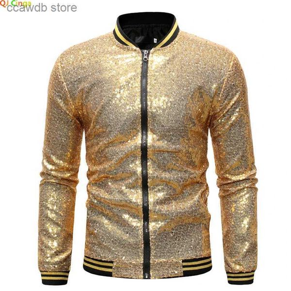 Giacche da uomo Giacca con paillettes glitter oro Colletto da baseball da uomo Cappotto con cerniera Cappotto Rosso Blu Argento Cappotto Capispalla maschile XS-XXXL XXXXL T240109