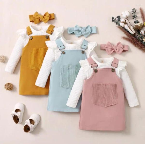 Set di abbigliamento 3 pezzi Abbigliamento autunno primavera per bambini Tinta unita T-shirt a maniche lunghe a coste in maglia Tuta Abito Fascia per capelli Ragazze Bambini