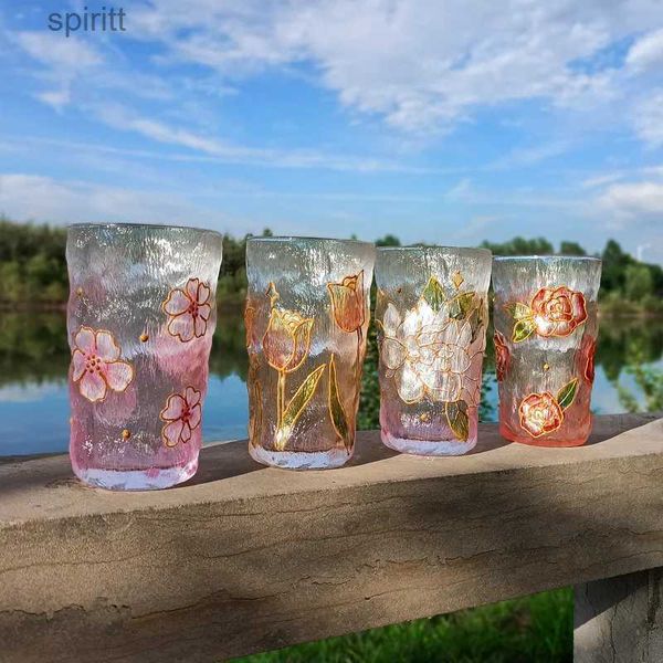 Weingläser Japanische Handmalerei Glas Kaffeetasse Blumenmuster Wasser Tee Trinkgeschirr Milch Saft Tassen Whisky Weinglas Geschenk YQ240105