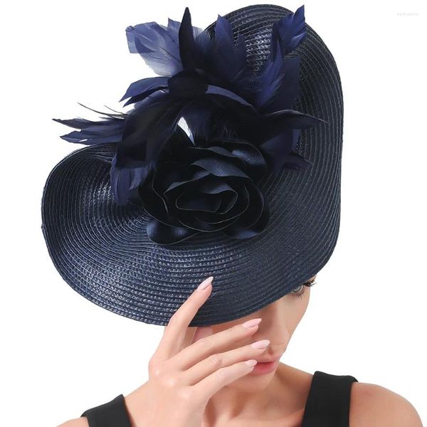 Boinas Fascinators Azul Marinho com Flores Chapéu De Noiva Headbands Acessórios De Cabelo Casamento Fedora Evento de Corrida Floral Headwear