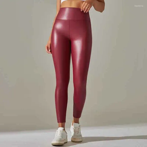 Leggings femininas imitação de couro calças compridas cintura alta vermelho elástico pu sintético sexy apertado