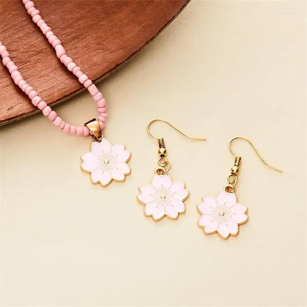 Anhänger Halsketten Kirschblüte Halskette Ohrringe Set Schmuck Für Frauen Öl Tropf Einfache Reis Perle Geometrische Mode Mädchen Geschenke