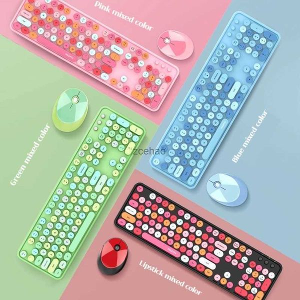 Tastiere 2023 Nuovo dolce tastiera e mouse wireless Set per ragazze Ufficio digitazione Meccanica sensazione della mano Tastiera Retro RainbowL240105