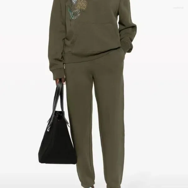 Pantaloni da donna Pantaloni in pile verde militare autunno e inverno con motivo ricamato Pantaloni sportivi da donna in vita elastica