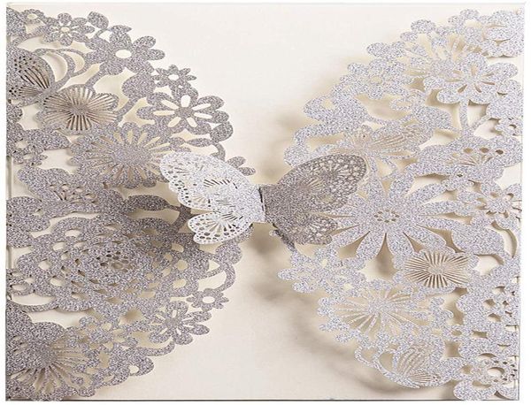 50 Stück lasergeschnittene Hochzeitseinladungskarten mit Schmetterling und Umschlägen, glitzernde Spitze, Flora, individuell bedruckte Einladungen für Quince7466103