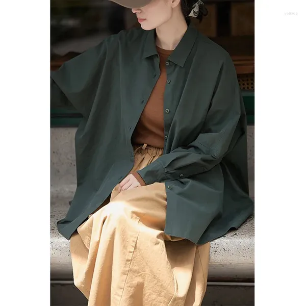 Женские блузки в осеннем стиле, земляные, серые, зеленые, длинные штапельные хлопковые двухслойные рубашки с открытыми передними лацканами C3391