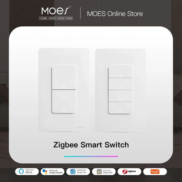 Умный выключатель света MOES Tuya ZigBee, американский кнопочный настенный выключатель, работает с нейтральным проводом Alexa Google Home/нейтральный провод не требуется 240108