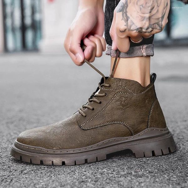 Botas de couro genuíno lace-up mens tênis all-match tornozelo quente inverno para homens 2024 deserto tático militar