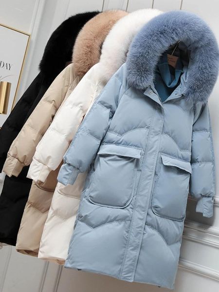 Jaquetas 2022 Xlong White Duck Down Winter Women Women Big Pocket Coat realmente natural Colar de pele de raposa com capuz