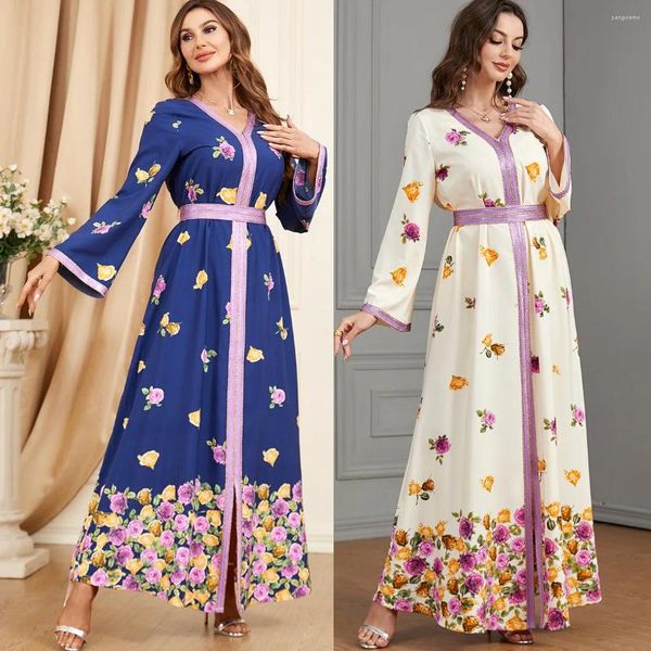 Roupas étnicas Ramadan Médio Oriente Muçulmano Moda Marroquina Robe Primavera e Outono Padrão de Flor Árabe Dubai Vestido Islâmico