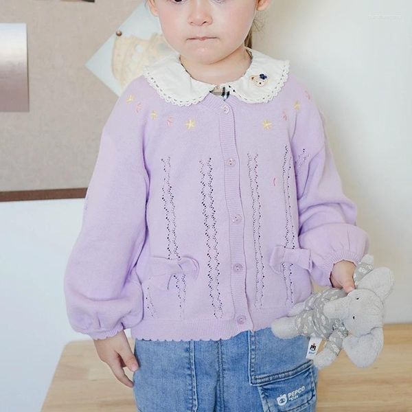 Jacken 1-6 Jahre süße Schleife lila Stickerei Jacke Mädchen Strickjacke V-Ausschnitt Pullover rosa Mantel 1 2 3 4 5 6 Jahre alte Kinderkleidung OGC241113