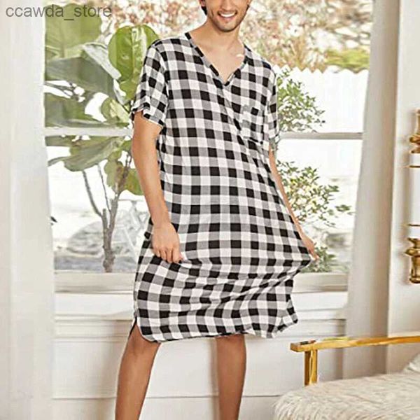 Pigiama da uomo in cotone scozzese da notte Accappatoio da uomo Pigiama Manica corta Scollo a V Casual Homewear Un pezzo Confortevole casa Accappatoio sciolto 2023 Q240109