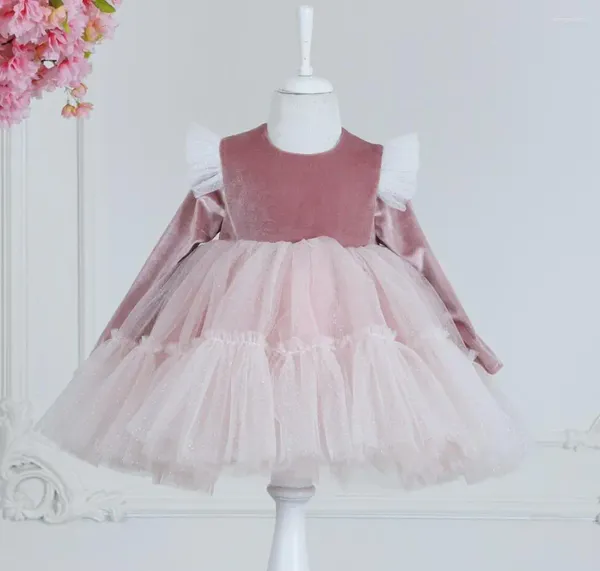 Abiti da ragazza Gorgoues Abito a fiori Tutu Outfit Glitter Tulle Abito da festa di compleanno a maniche lunghe per bambino