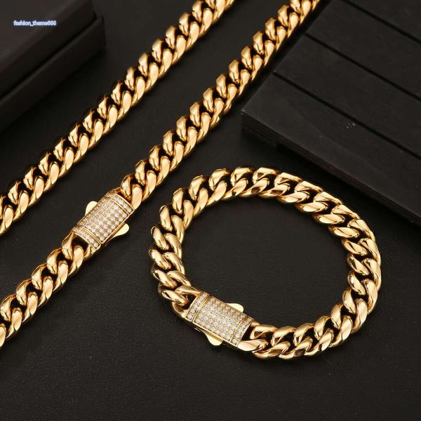 12mm Hip Hop 18K placcato oro gioielli all'ingrosso Acciaio inossidabile Miami Catena a maglia cubana CZ Collana con bracciale in oro ghiacciato per uomo