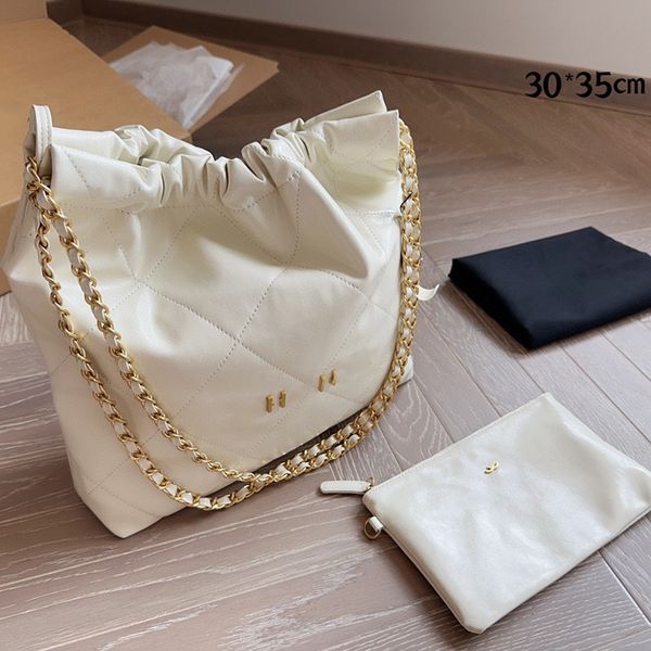 22 Sac poubelle Mode Sac à bandoulière pour femme 35 cm Cuir Diamant Plaid Or Matériel Boucle en métal Fourre-tout de luxe Coin Matelasse Chaîne Bandoulière Sac à main Voyage Aéroport Sac