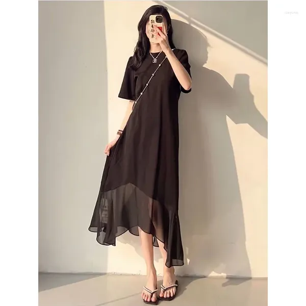 Vestidos de festa 2024 verão coreano moda retalhos cor sólida fio líquido o-pescoço manga curta midi vestido femme solto casual irregular