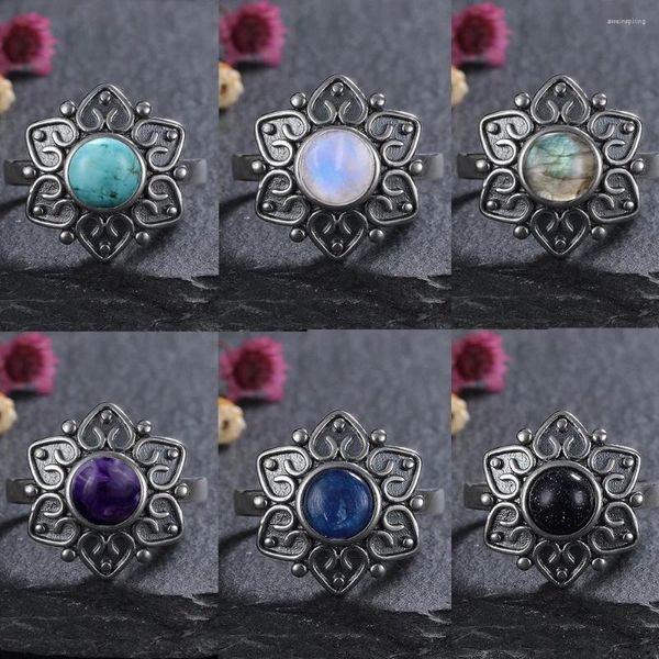 Cluster Ringe 7mm Verschiedene Naturstein Ring 925 Sterling Silber Schmuck Für Frauen Sonnenform Vintage Finger Party Luxus Geschenk