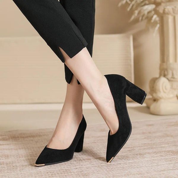 Scarpe eleganti taglia 30-44 tacco grosso in pelle scamosciata punta a punta tinta unita tacchi alti da donna per abbigliamento da ufficio