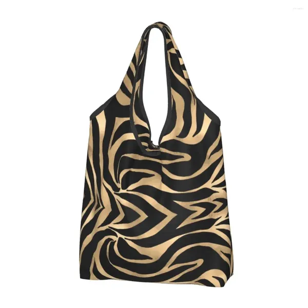 Sacos de compras grandes reutilizáveis zebra de ouro preto animal mercearia reciclar listras dobráveis eco saco lavável com bolsa