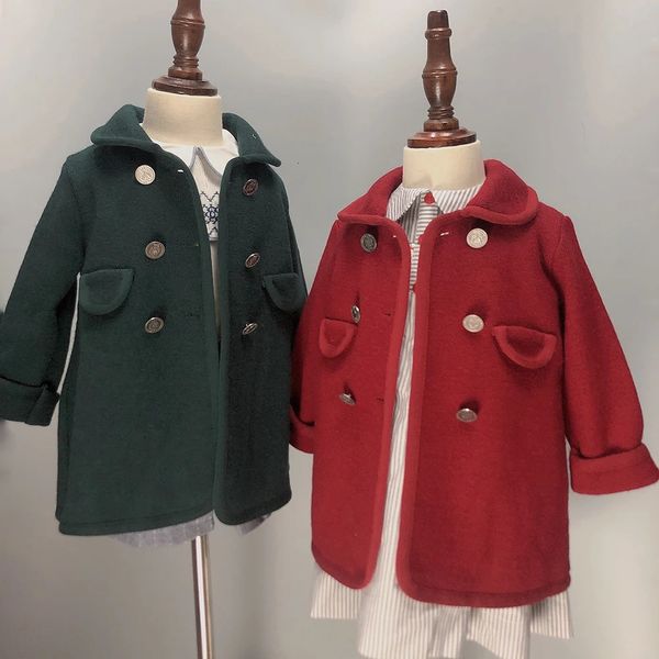 Пальто для девочек, шерстяное пальто для мальчиков, зимнее, зеленое, красное, теплое, тонкая Рождественская одежда, британский королевский стиль, детская винтажная одежда 240108