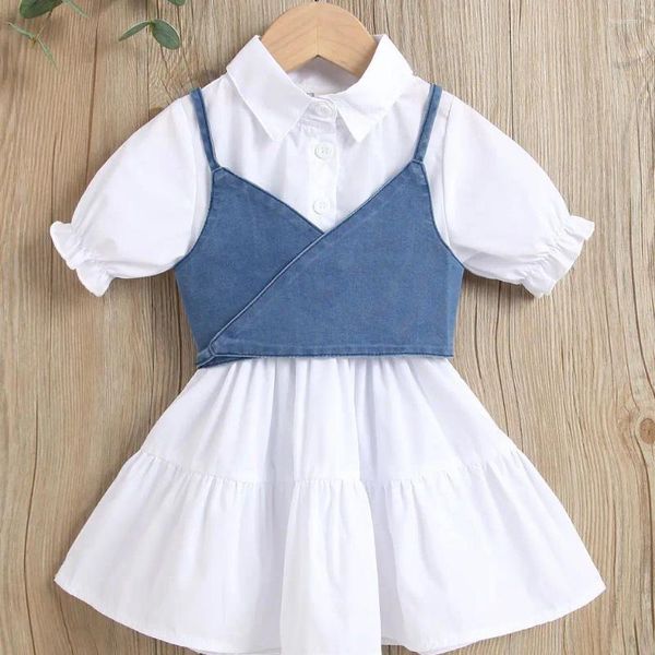 Платья для девочек. Однотонная лоскутная юбка с короткими рукавами и шнуровкой для девочек, небольшой жилет на подтяжках для детей 1-3-5 лет.