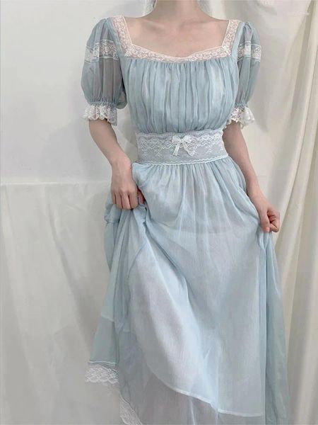 Partykleider 2024 Sommer Elegante Mode Spitzenkleid Lässig Dünne Blaue Französische Fee Schleier Resort Midi Vintage Prinzessin