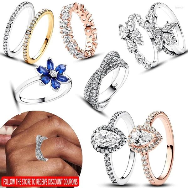 Кольца-кластеры из стерлингового серебра 925 пробы, женские изысканные синие бриллианты с блестящим логотипом в виде цветка груши, кольцо с логотипом, модное кольцо «сделай сам», очаровательные ювелирные изделия