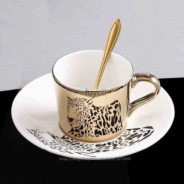 Кружки Новая анаморфотная чашка с леопардовым принтом, чашка с зеркальным отражением, кружка с зеброй, кофейная чашка с лосем и тарелкой YQ240109