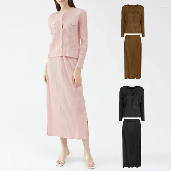 Arbeitskleider ALSEY Plissee Feste Farbe Frauen Für Zwei Stück Sets Herbst Einreiher Casual Top Koreanische Mode Seite Split Halb rock