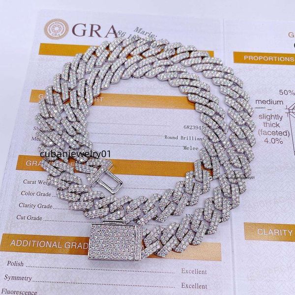 Gioielli Collana con diamanti in oro Catena per uomo 15mm Larghezza 2 file Bracciale in Moissanite Argentatura Cuban Link Pass Tester Gra Vvs