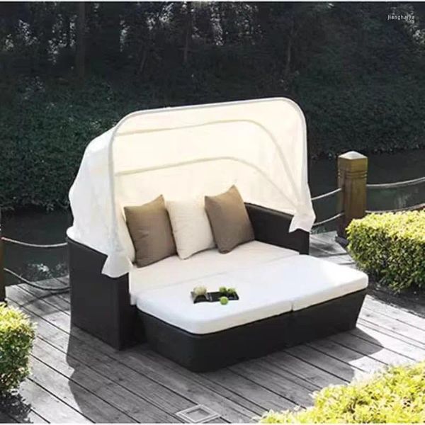 Camp Furniture Outdoor PE Rattan Sofa Kombination Balkon Freizeit mit Schuppen Villa Garten Innenhof Bett Custom WKGC