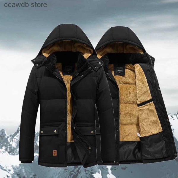 Jaquetas masculinas inverno à prova de vento homens casaco quente grosso jaqueta de pelúcia moda com capuz jaqueta ao ar livre clássico parkas à prova de frio roupas masculinas outwear t240109