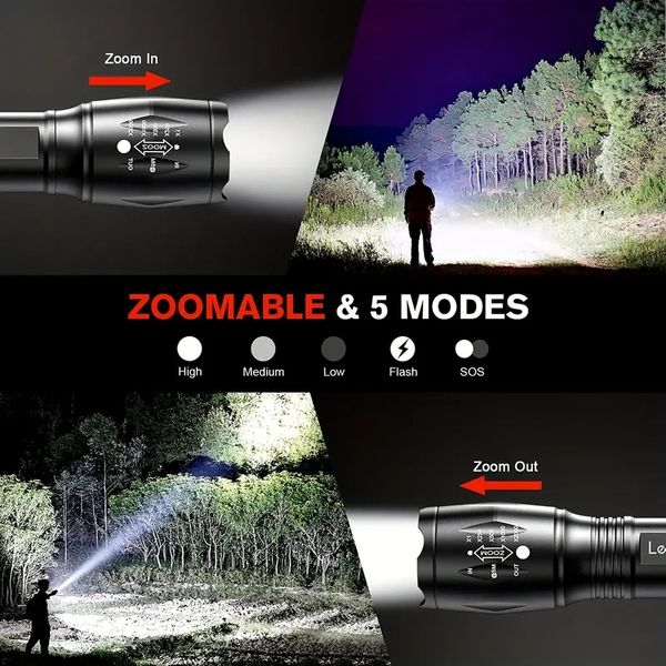 Lanterna LED brilhante de 1/2 unidades, lanternas LED táticas A100 com zoom, luz de flash com lúmens altos e 5 modos e acessórios de acampamento, bateria não incluída