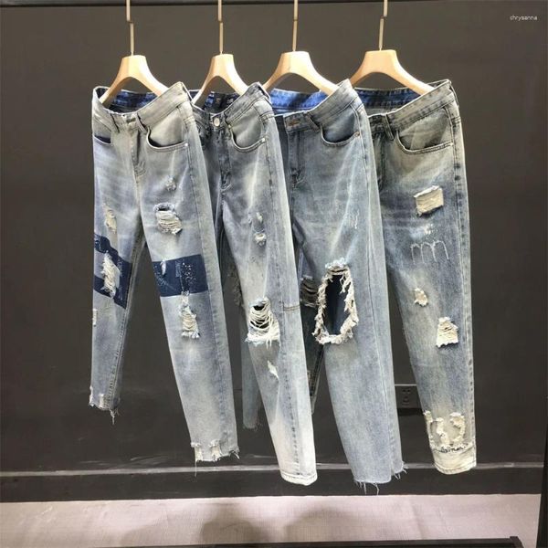 Jeans masculinos buracos homens e mulheres verão 2024 cintura alta cor fina solta reta denim tornozelo comprimento harem calças