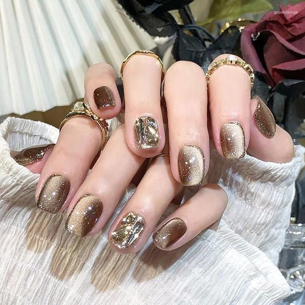 Unghie finte 24 pezzi/scatola Cat Eye Potherapy Nail Patch indossabile finto matrimonio corto per l'inverno autunno copertura completa