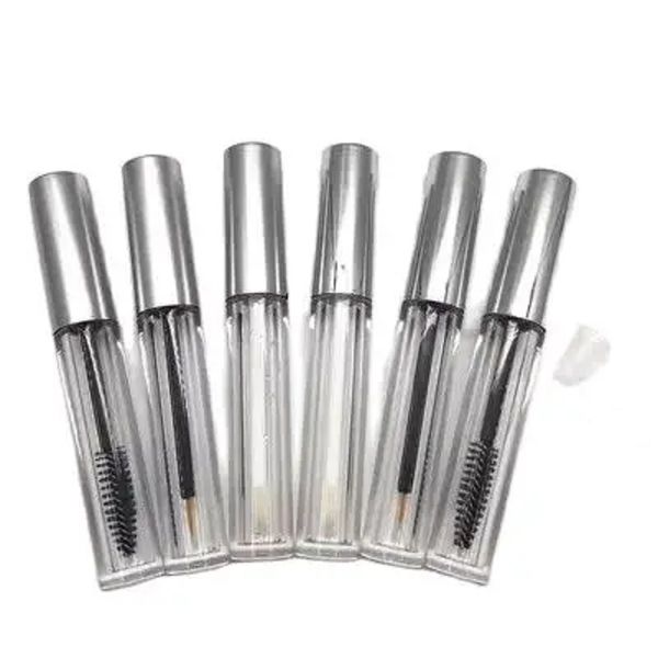 Tubo de plástico transparente 3ml Embalagem de cílios cosméticos Eyeline Recipiente recarregável Lipgloss Tubo de prata brilhante Tampa de prata fosca com plugue Garrafas vazias portáteis