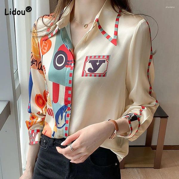 Camicette da donna Camicia in raso stampato per donna Primavera Autunno Office Lady Colletto rovesciato Pullover con bottoni patchwork ampio Chiffon