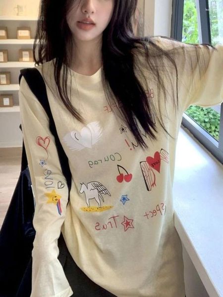 Mulheres camisetas Deeptown estilo coreano bonito dos desenhos animados bege t-shirts mulheres y2k kawaii doce manga longa tee egirl harajuku oversized solto