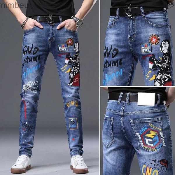 Jeans masculinos de alta qualidade com impressão jeansSlim-fit Stretch Denim PantsMonkey Prints Decors Blue JeansWash Scratches Jeans Casual; L240109