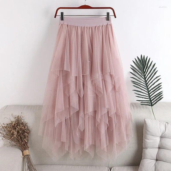 Saias das mulheres 3 camadas princesa tule malha plissada saia feminina verão irregular tutu maxi