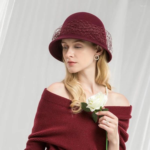 Berets Lady Fedoras Lã Chapéu Feminino Moda Cúpula British Veil Cap Inverno Quente Malha Headwear A06