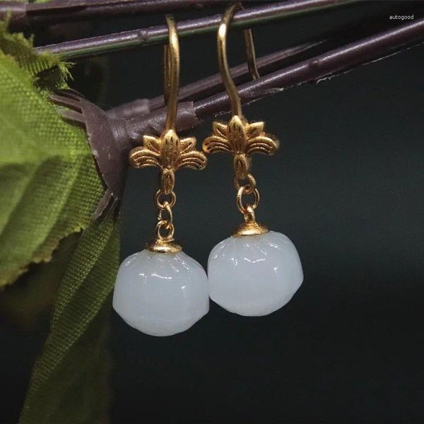 Brincos pendurados em ouro antigo, artesanato retrô estilo quadra de lótus para mulheres, natural hetian branco jade, joias hanfu cheongsam