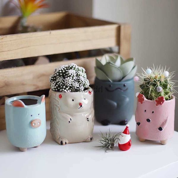 Plantadores Vasos Bonitos Vasos de Flores Animal Dos Desenhos Animados Vasos De Cerâmica Acessórios De Jardim Maceteros Decorativos Kawaii Porco Ouriço Vaso Suculento YQ240109